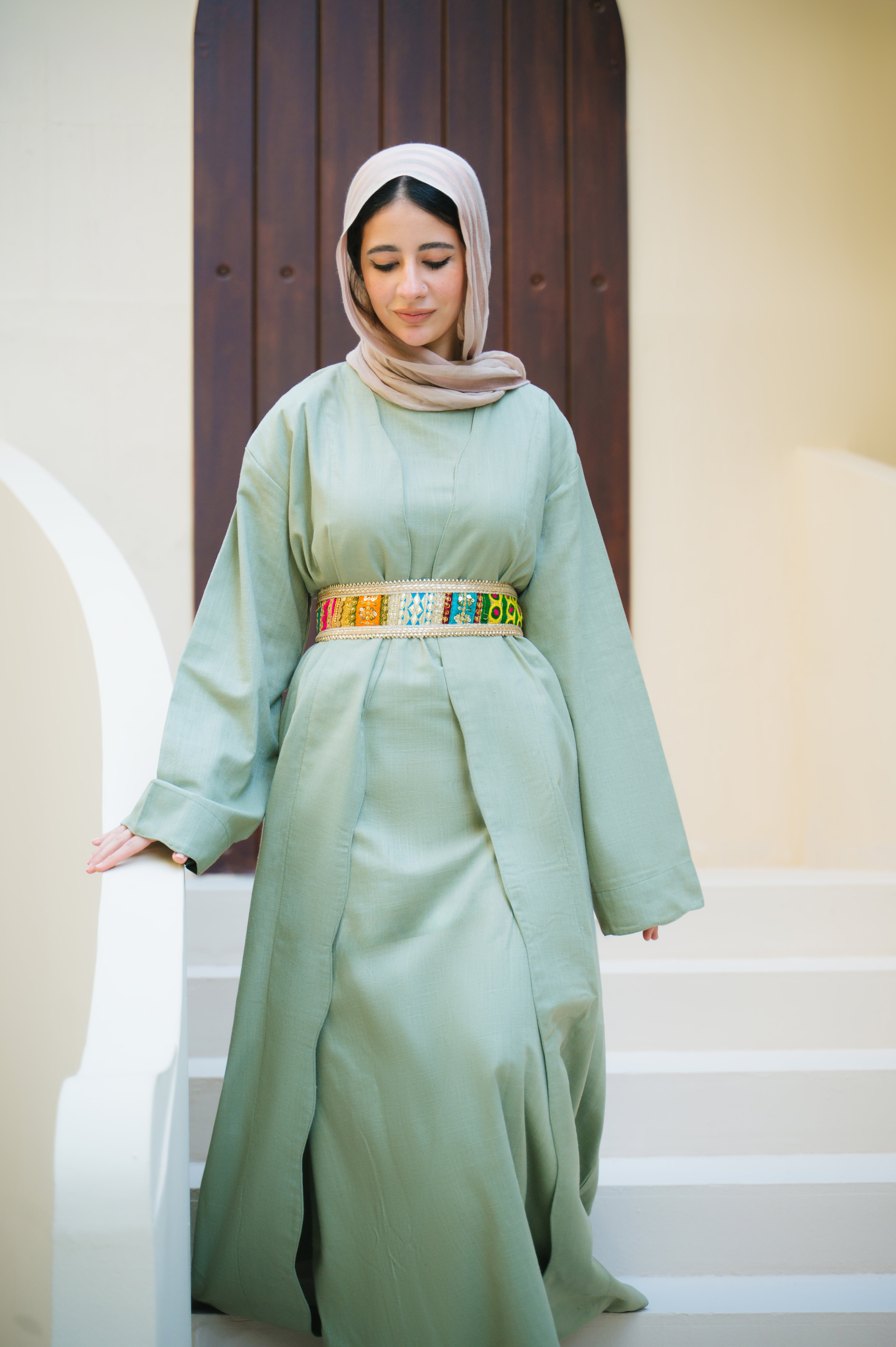 LINEN OLIVE KAFTAN WITH LINED BASIC