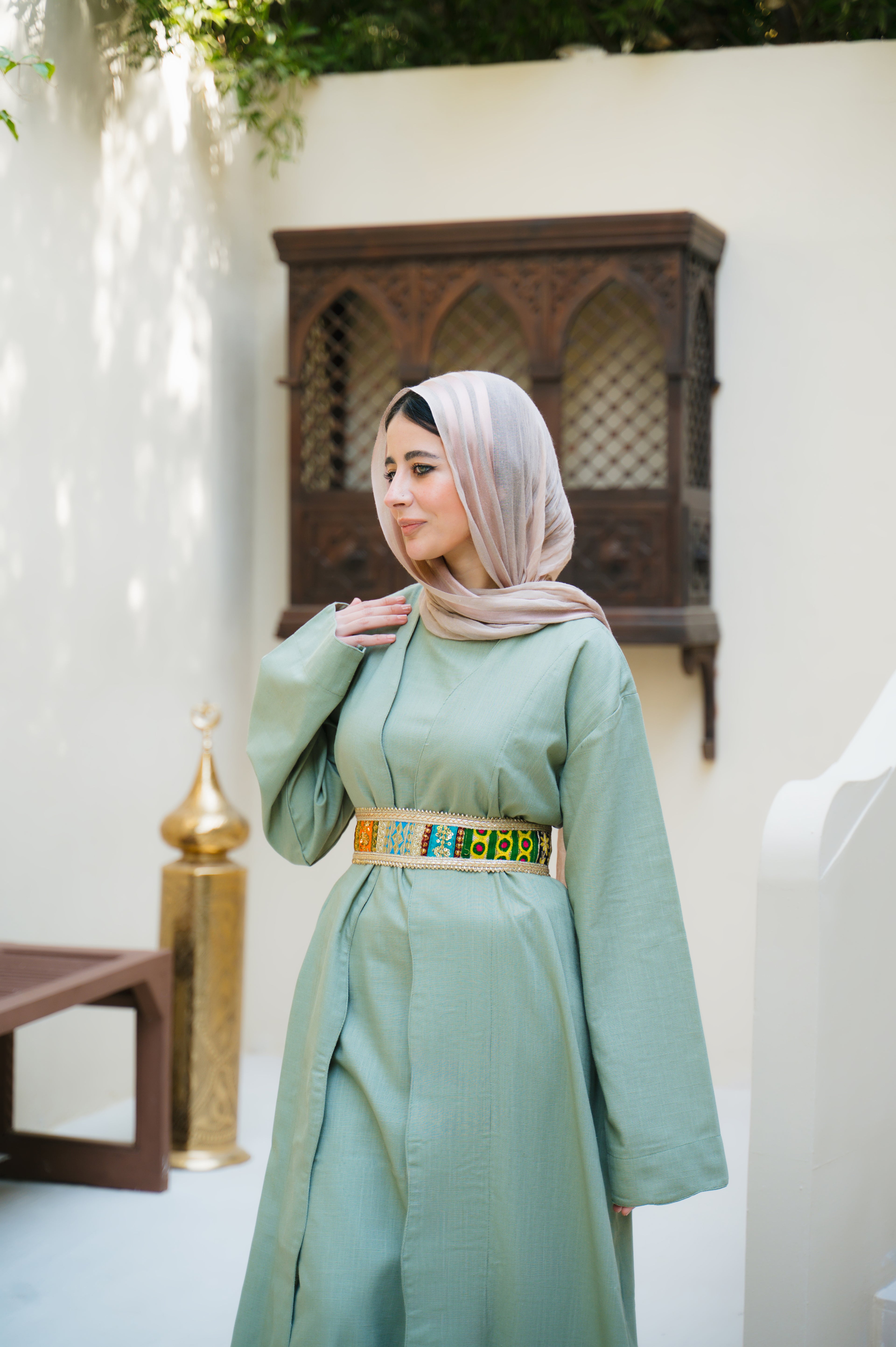 LINEN OLIVE KAFTAN WITH LINED BASIC